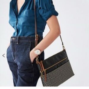Fossil Fiona Black Printed Adjustable Crossbody Purse Bag Leather